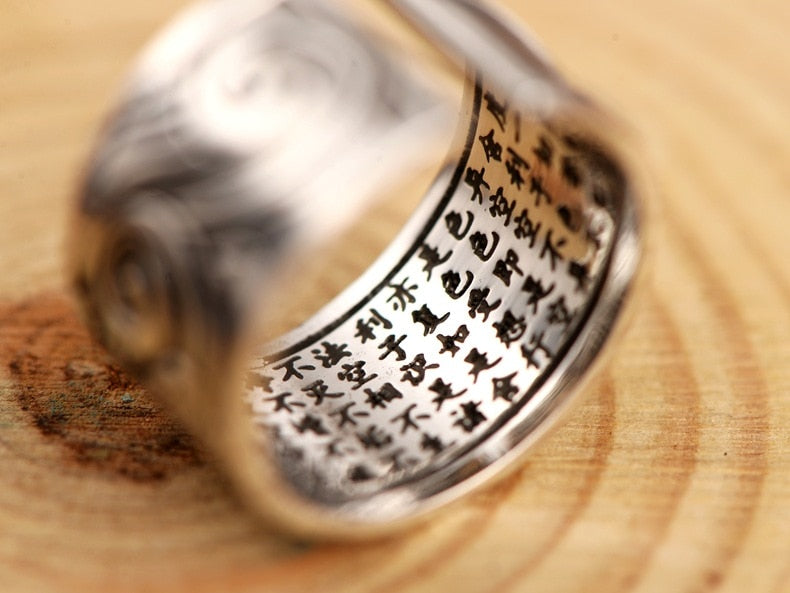 Koi Fish Adjustable Silver Ring of Abundance, Engraved with Heart Sutra