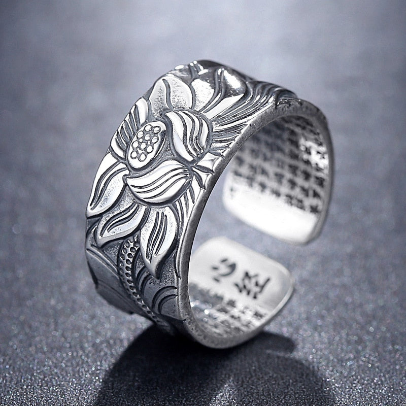 Lotus Flower Adjustable Silver Ring Engraved with Heart Sutra