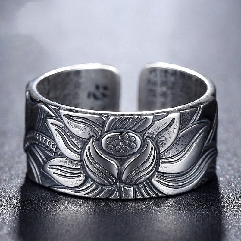 Lotus Flower Adjustable Silver Ring Engraved with Heart Sutra