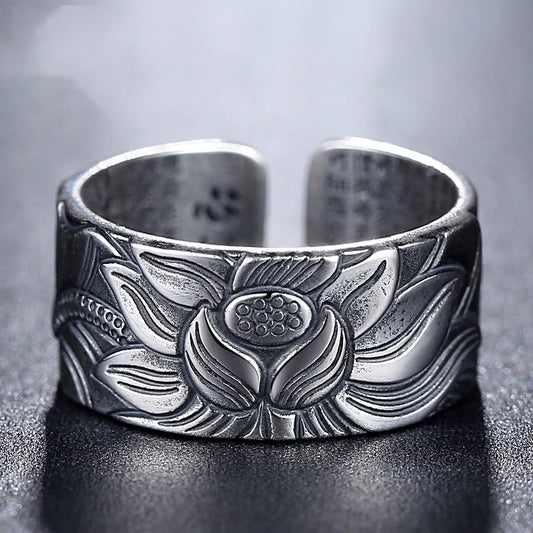 Lotus Flower Adjustable Silver Ring Engraved with Heart Sutra