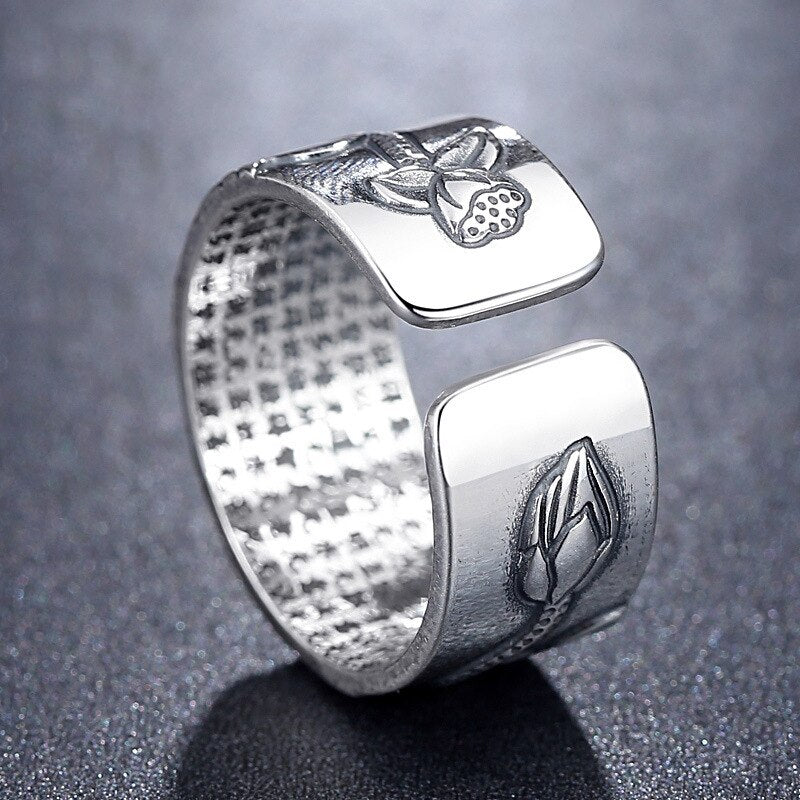 Lotus Flower Adjustable Silver Ring Engraved with Heart Sutra