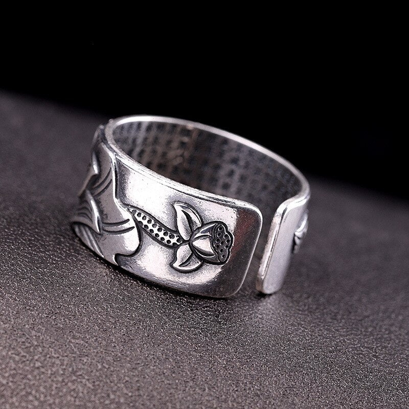 Lotus Flower Adjustable Silver Ring Engraved with Heart Sutra