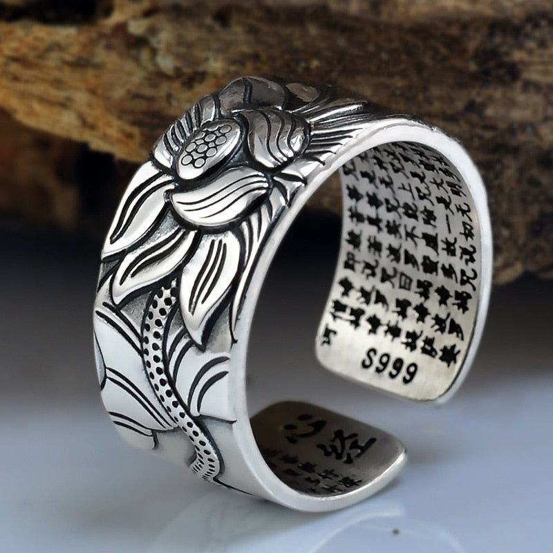 Lotus Flower Adjustable Silver Ring Engraved with Heart Sutra