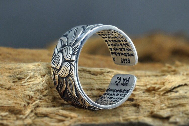 Lotus Flower Adjustable Silver Ring Engraved with Heart Sutra