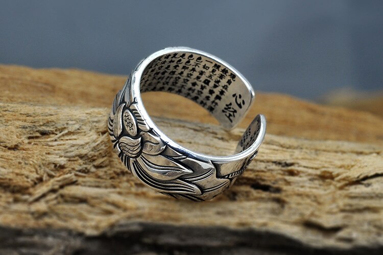 Lotus Flower Adjustable Silver Ring Engraved with Heart Sutra