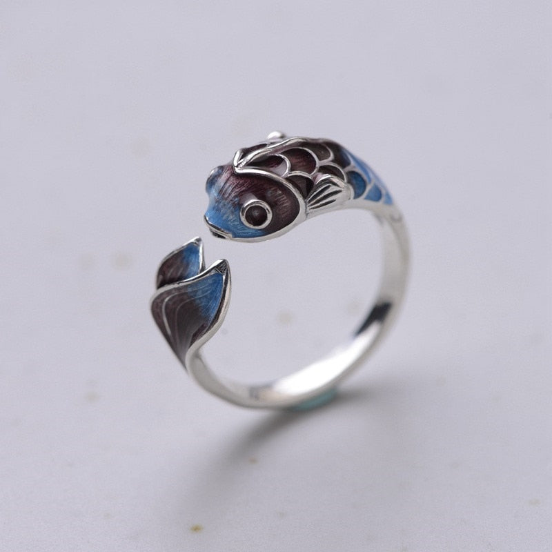 Elegant Silver Koi Fish Ring of Abundance & Prosperity with Enamel Coating