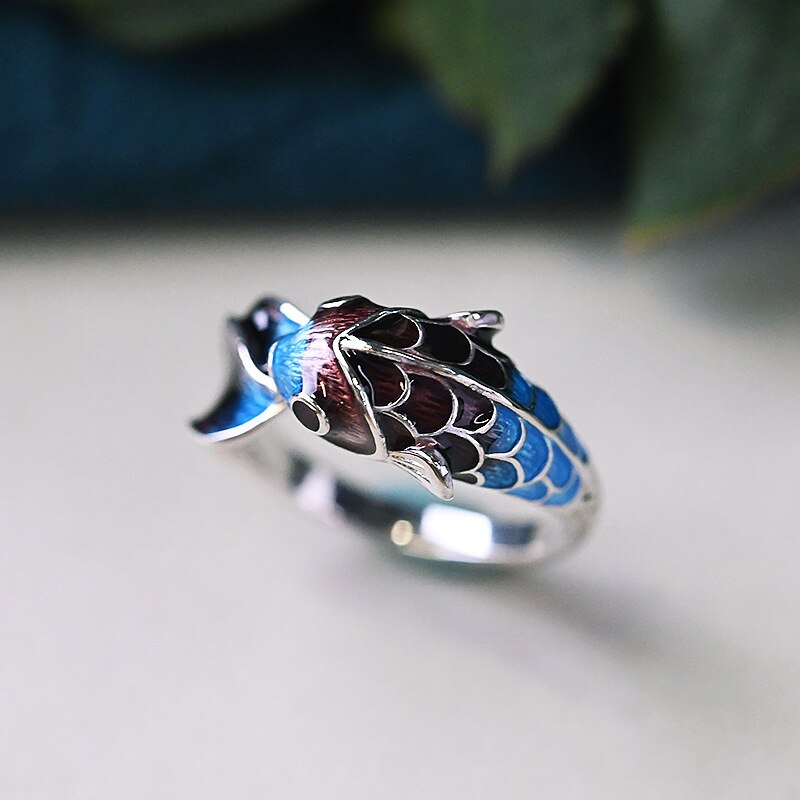 Elegant Silver Koi Fish Ring of Abundance & Prosperity with Enamel Coating