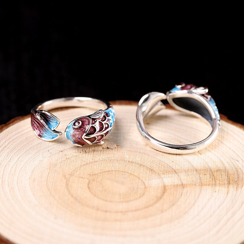 Elegant Silver Koi Fish Ring of Abundance & Prosperity with Enamel Coating