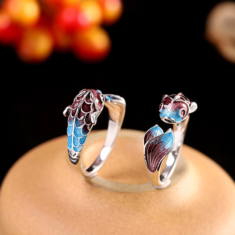 Elegant Silver Koi Fish Ring of Abundance & Prosperity with Enamel Coating
