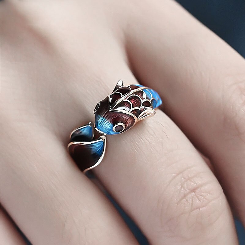Elegant Silver Koi Fish Ring of Abundance & Prosperity with Enamel Coating