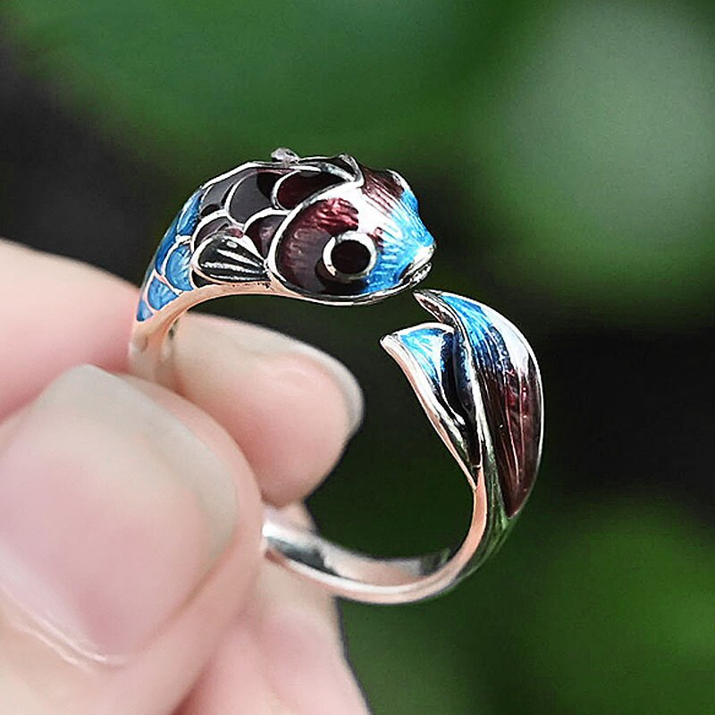 Elegant Silver Koi Fish Ring of Abundance & Prosperity with Enamel Coating