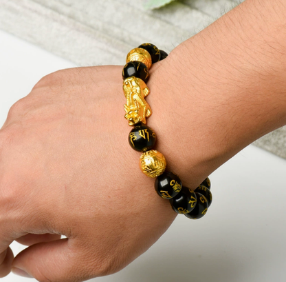 Natural Obsidian Wealth Bracelet with Gold Pixiu & Six-Word Mantra – Feng Shui Protection & Prosperity Amulet for Men and Women