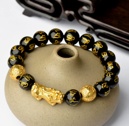 Natural Obsidian Wealth Bracelet with Gold Pixiu & Six-Word Mantra – Feng Shui Protection & Prosperity Amulet for Men and Women