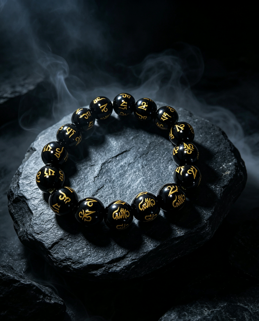 Natural Black Onyx Mantra Bracelet, Spiritual Protection & Buddhist Healing – “Tibetan Prayer Beads”