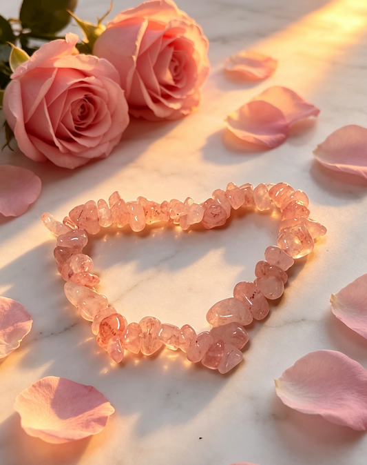 Strawberry & Rose Quartz Chip Bracelet, Love & Self-Love Healing Crystal – “Heart Opener”