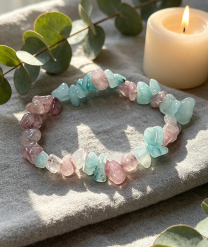 Aquamarine & Strawberry Quartz Chip Bracelet, Calm Communication & Love Energy – “Ocean & Rose”