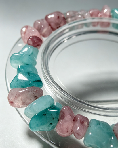 Aquamarine & Strawberry Quartz Chip Bracelet, Calm Communication & Love Energy – “Ocean & Rose”