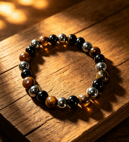 Natural Tiger Eye & Black Onyx Bracelet with Hematite, Grounding Protection for Men – “Warrior Stone”