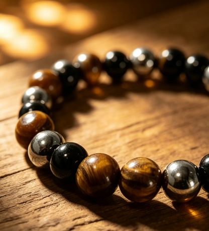 Natural Tiger Eye & Black Onyx Bracelet with Hematite, Grounding Protection for Men – “Warrior Stone”