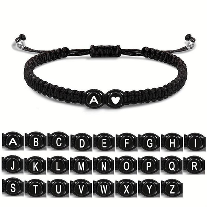 Heartfelt Matching Couple Woven Bracelets | 26 Initial Letters Black White Heart | Love & Good Wishes Bracelet for Him & Her | Thoughtful Holiday Gift