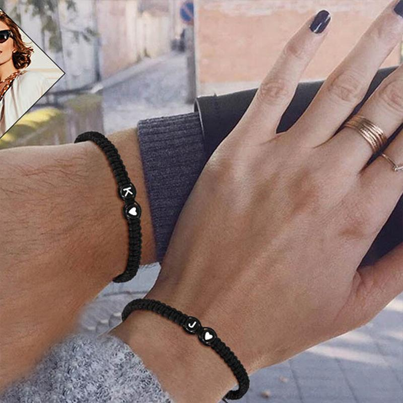 Heartfelt Matching Couple Woven Bracelets | 26 Initial Letters Black White Heart | Love & Good Wishes Bracelet for Him & Her | Thoughtful Holiday Gift