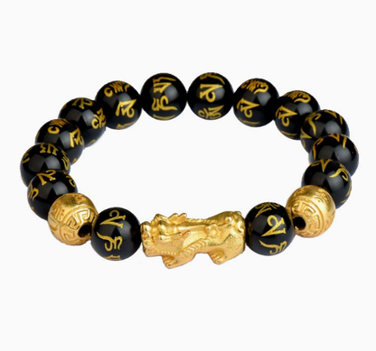Natural Obsidian Wealth Bracelet with Gold Pixiu & Six-Word Mantra – Feng Shui Protection & Prosperity Amulet for Men and Women