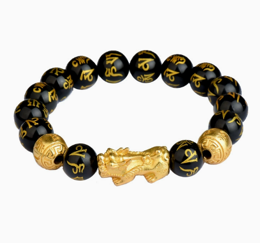 Natural Obsidian Wealth Bracelet with Gold Pixiu & Six-Word Mantra – Feng Shui Protection & Prosperity Amulet for Men and Women