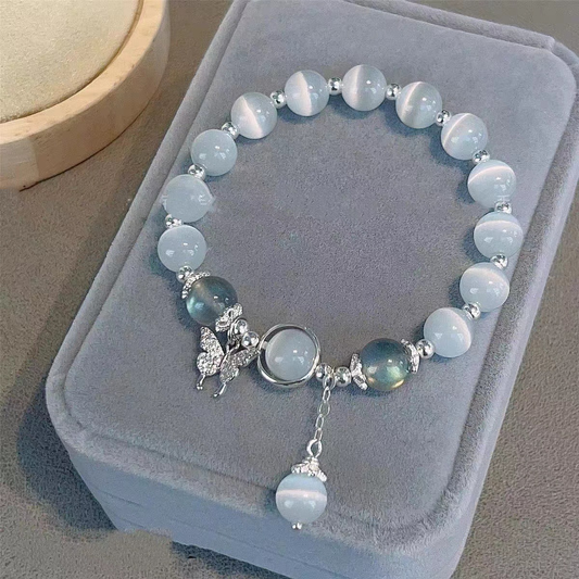Natural Aquamarine Gray Moonstone Cat's Eye Crystal Bracelet | Women's Dainty Feng Shui Balance Bracelet with Butterfly Charm