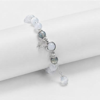 Natural Aquamarine Gray Moonstone Cat's Eye Crystal Bracelet | Women's Dainty Feng Shui Balance Bracelet with Butterfly Charm