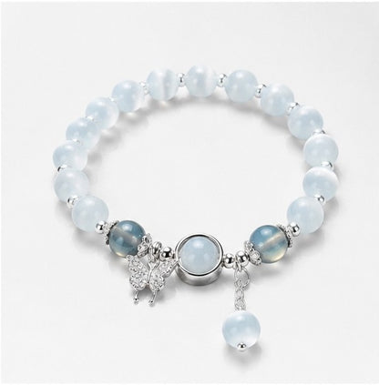 Natural Aquamarine Gray Moonstone Cat's Eye Crystal Bracelet | Women's Dainty Feng Shui Balance Bracelet with Butterfly Charm