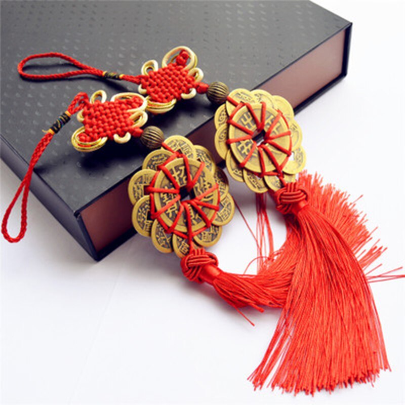 10 Emperor Round Coin Copper Charm with Red Ribbon & Tassel for Hanger Décor