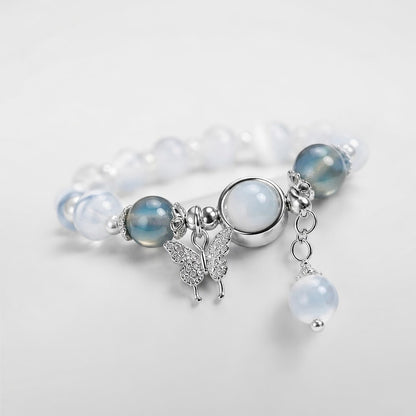 Natural Aquamarine Gray Moonstone Cat's Eye Crystal Bracelet | Women's Dainty Feng Shui Balance Bracelet with Butterfly Charm