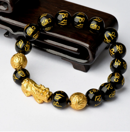 Natural Obsidian Wealth Bracelet with Gold Pixiu & Six-Word Mantra – Feng Shui Protection & Prosperity Amulet for Men and Women