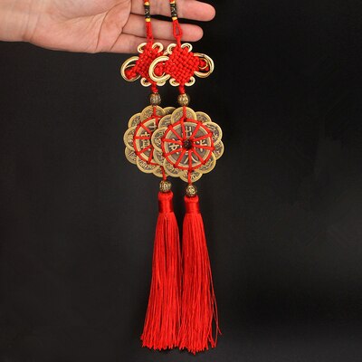 10 Emperor Round Coin Copper Charm with Red Ribbon & Tassel for Hanger Décor