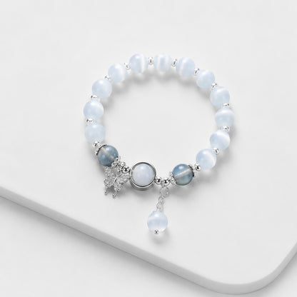 Natural Aquamarine Gray Moonstone Cat's Eye Crystal Bracelet | Women's Dainty Feng Shui Balance Bracelet with Butterfly Charm