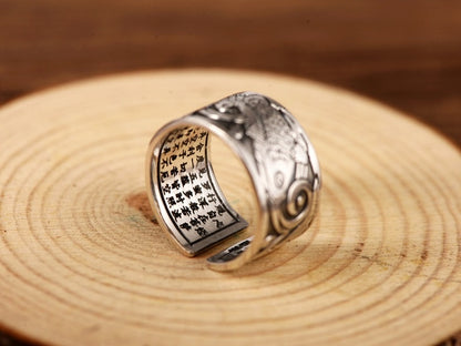 Koi Fish Adjustable Silver Ring of Abundance, Engraved with Heart Sutra