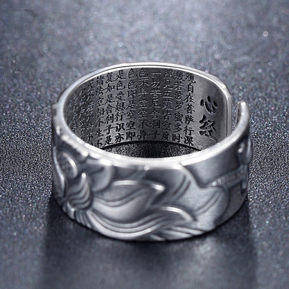 Lotus Flower Adjustable Silver Ring Engraved with Heart Sutra