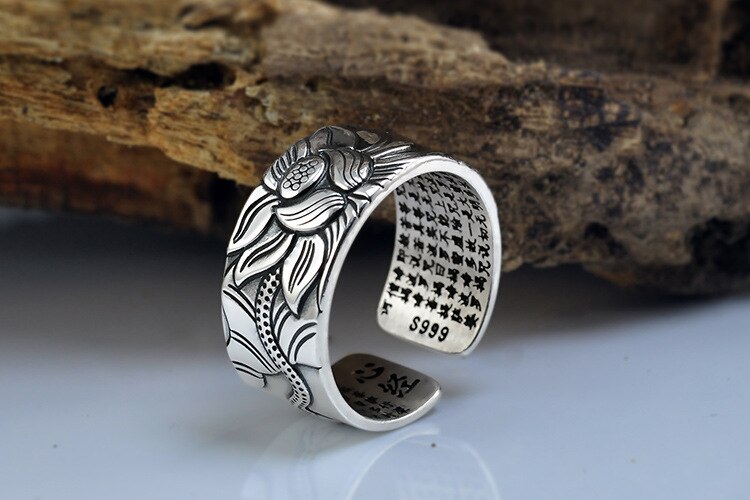 Lotus Flower Adjustable Silver Ring Engraved with Heart Sutra