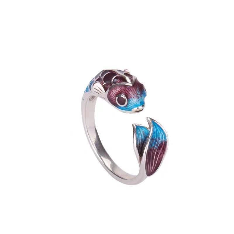 Elegant Silver Koi Fish Ring of Abundance & Prosperity with Enamel Coating